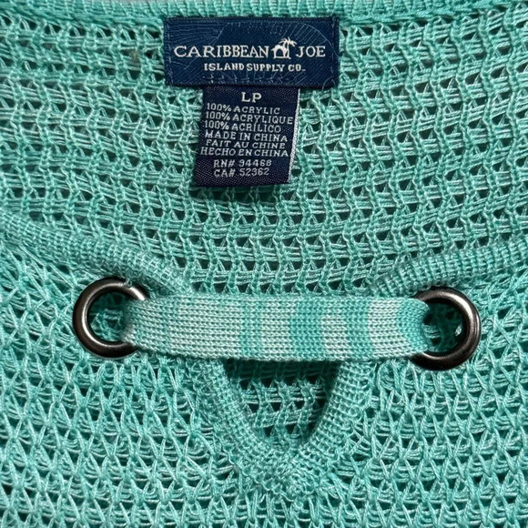 CARIBBEAN JOE Aqua Lightweight Open Weave Grommet Detail Sweater Sz Large Petite - Picture 3 of 8